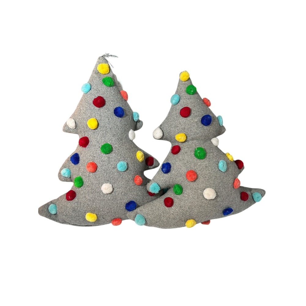 H for Happy Pom Pom Christmas Tree Throw Pillows Set of 2 Gray Holiday Decor‎
